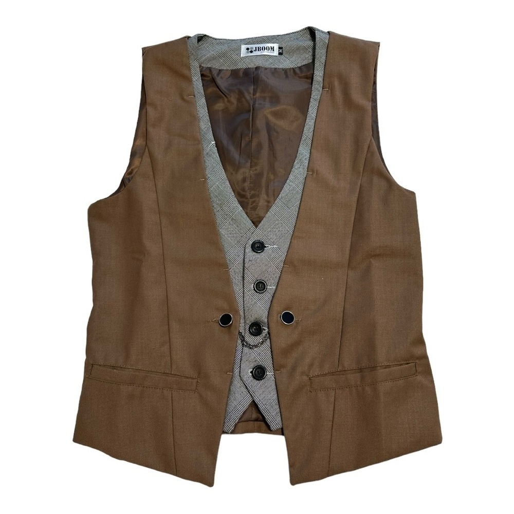 JBOOM Men's Brown & Grey Plaid Faux 2-Piece Vest Slim Fit Waistcoat Wedding Med